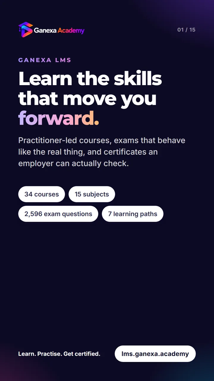 Ganexa LMS: learn the skills that move you forward, with 34 courses, 15 subjects, 2,596 exam questions and 7 learning paths