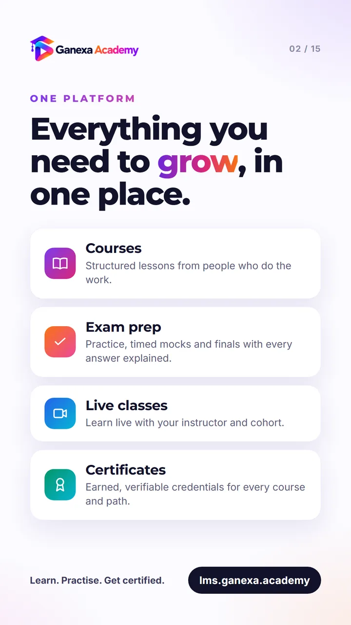 One platform: courses, exam prep, live classes and certificates in one place