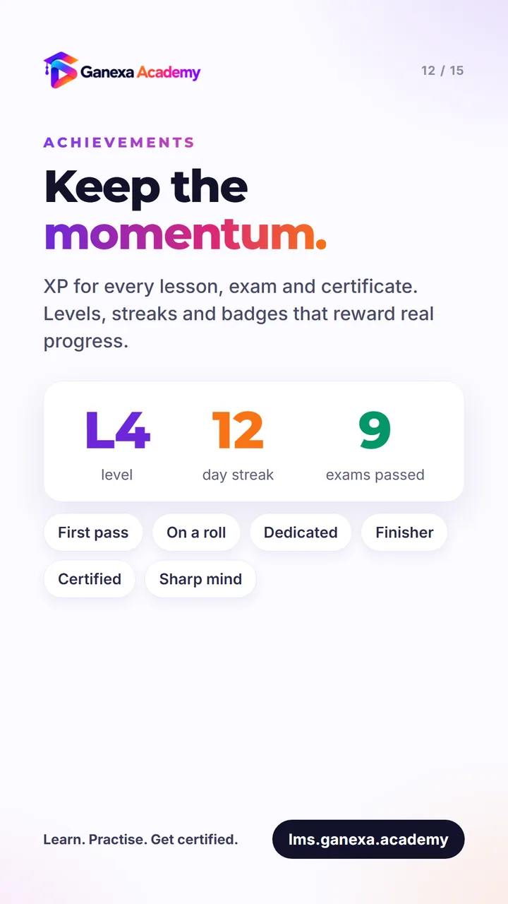 Achievements: XP, levels, streaks and badges that reward progress