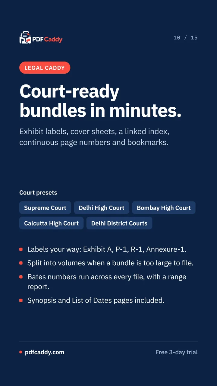 Legal Caddy: court-ready bundles with exhibit labels, a linked index and court presets