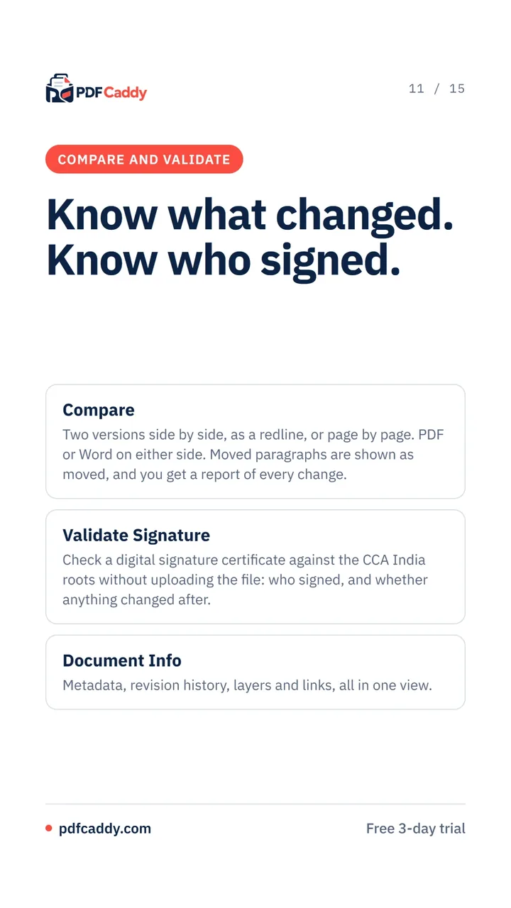Compare versions, validate digital signatures and view document information