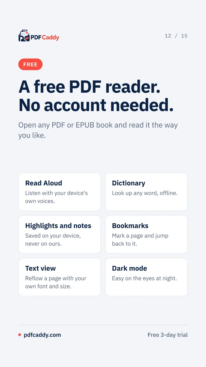 A free PDF and EPUB reader with read aloud, dictionary, notes and dark mode