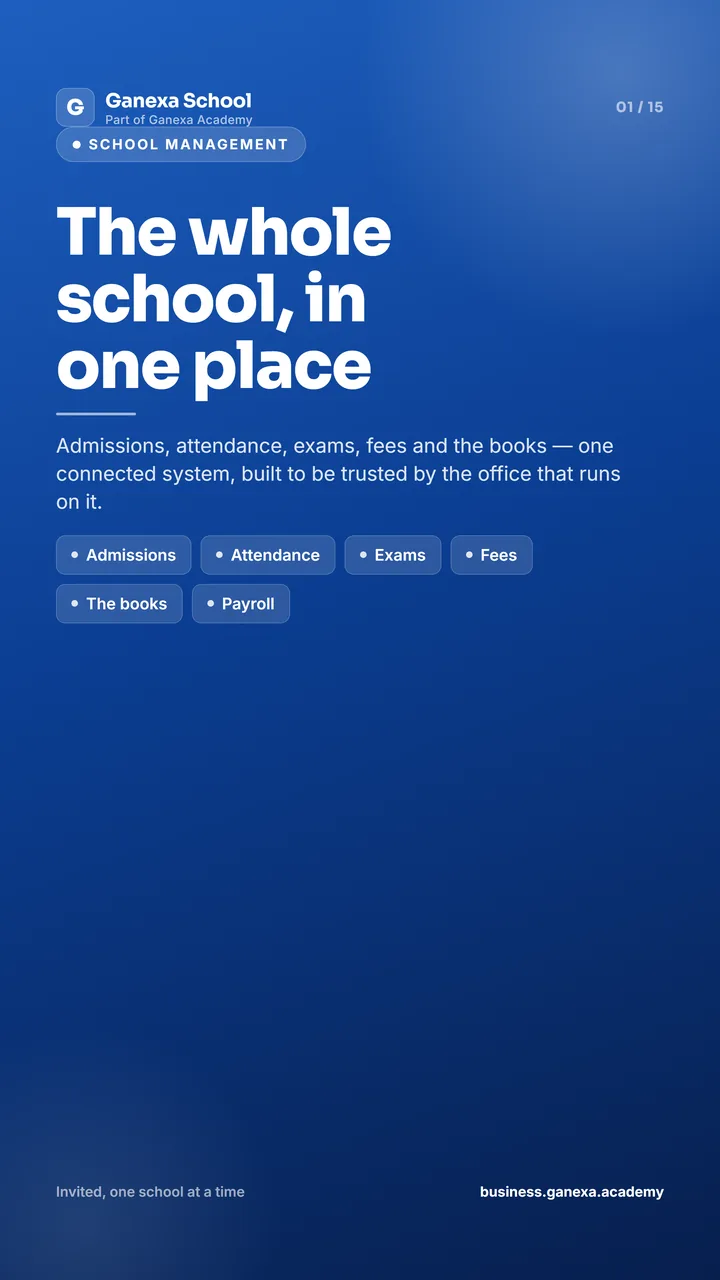 Ganexa School: the whole school in one place, covering admissions, attendance, exams, fees, the books and payroll