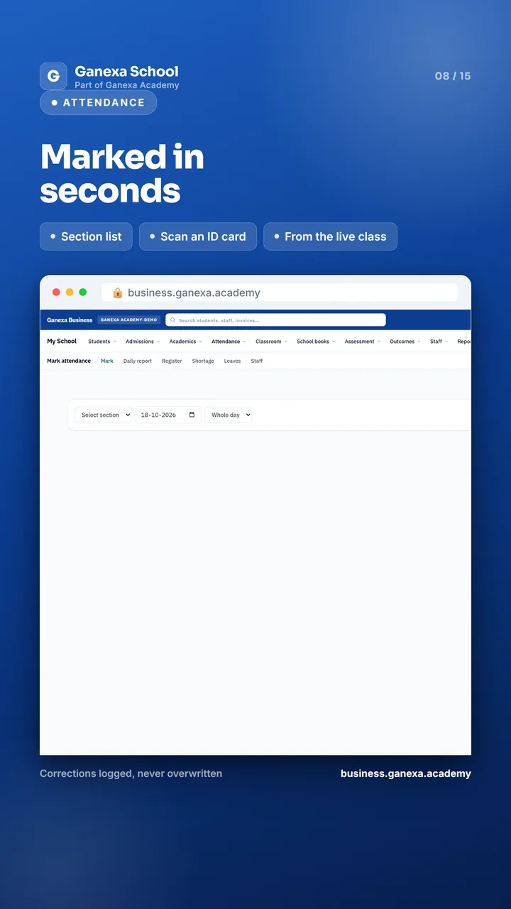 Attendance: marked by section list, ID card scan or from the live class, with corrections logged