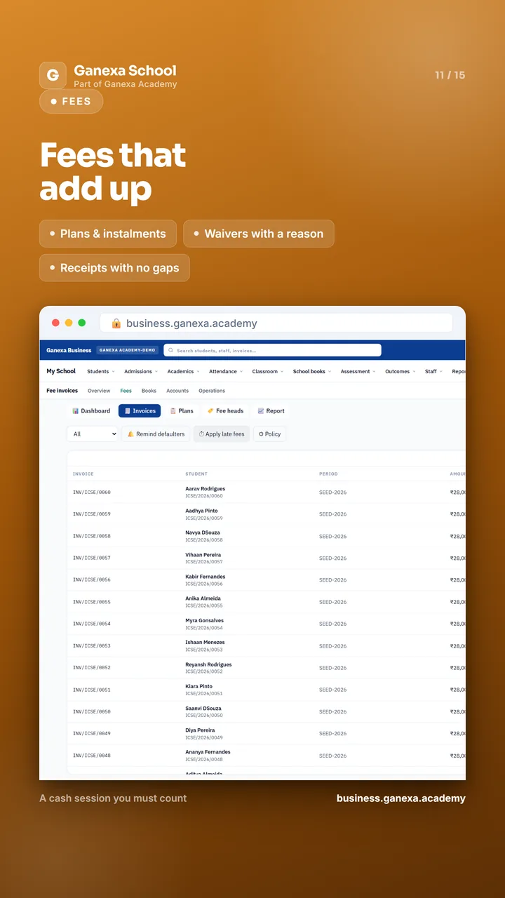Fees: plans and instalments, waivers with a reason and receipts with no gaps