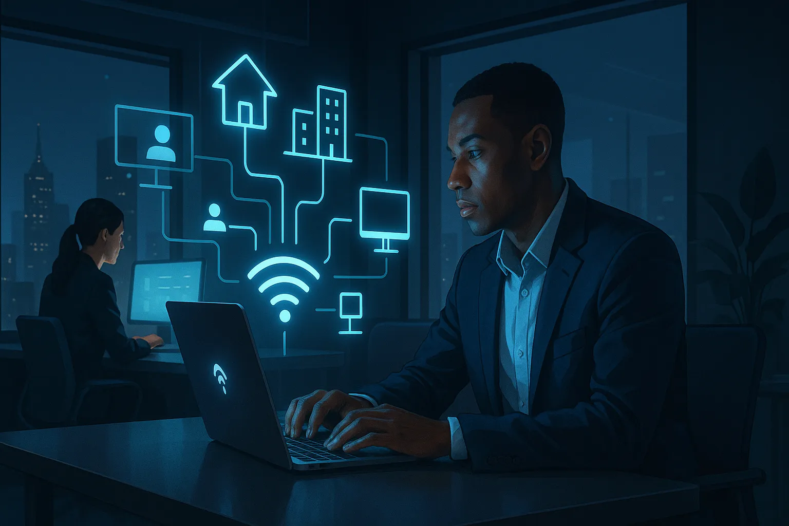 Manager coaching two employees using an AI assistant on a laptop at work