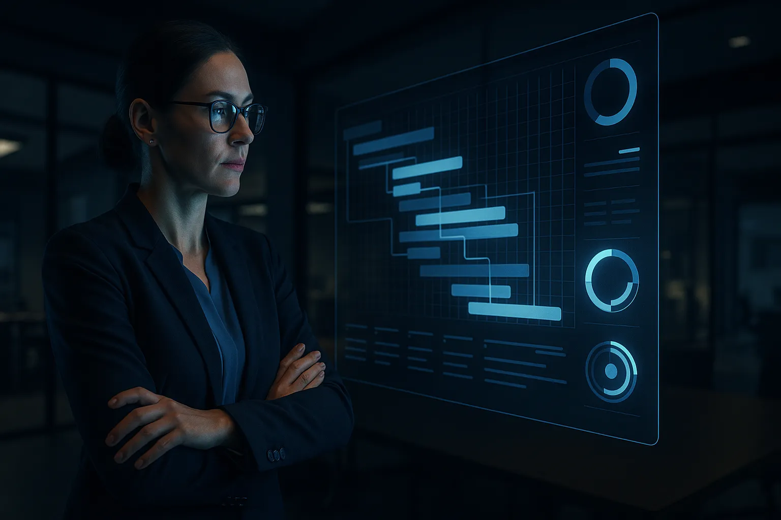 Programme managers reviewing a portfolio board on a large screen in a meeting room