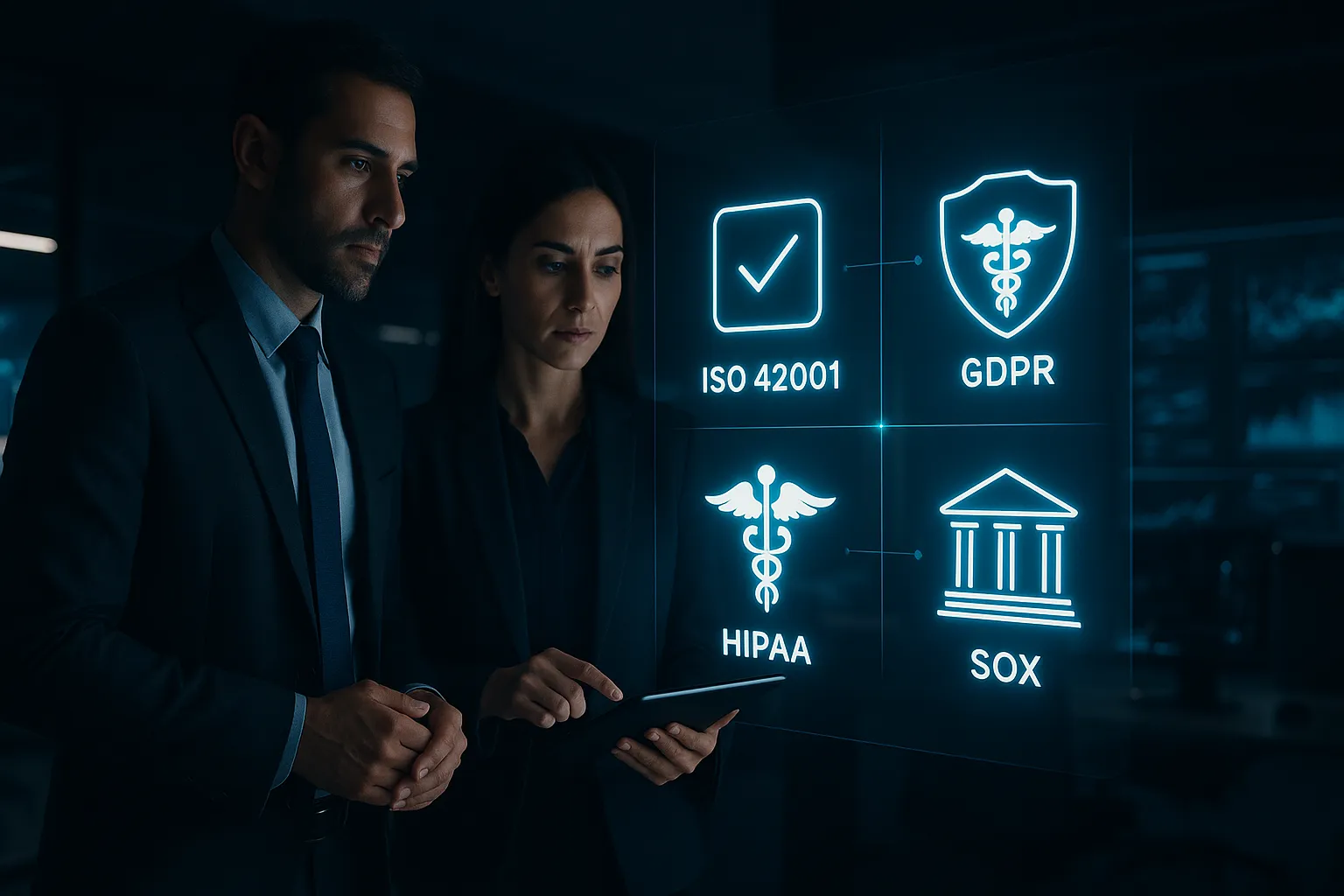 Executives reviewing a printed risk register around a boardroom table with laptops