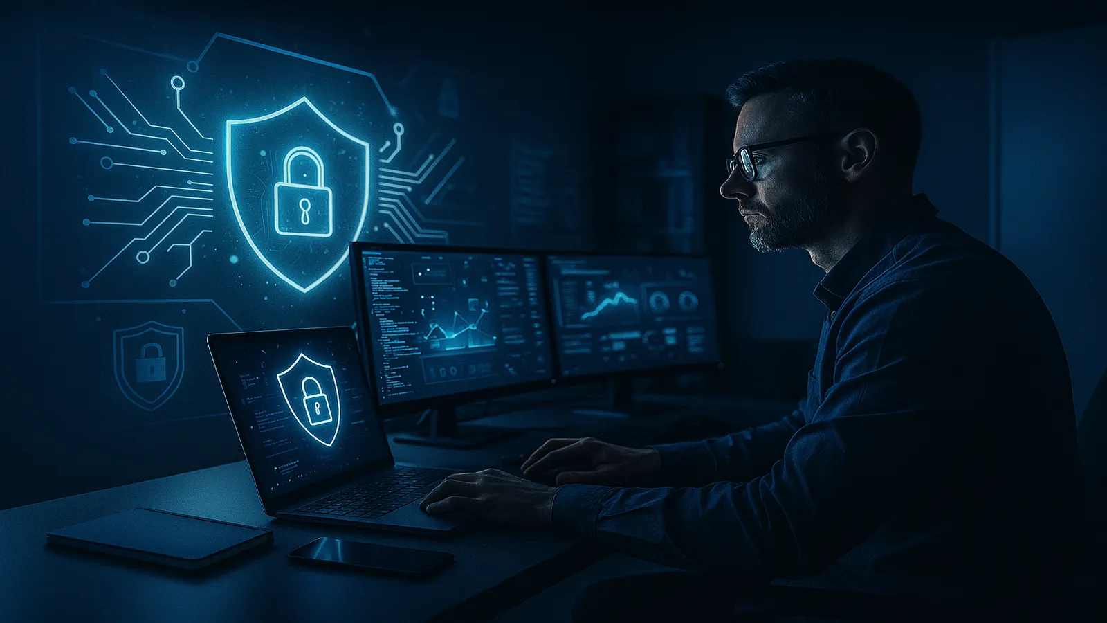 Security engineer reviewing access permissions on two monitors in a quiet operations room